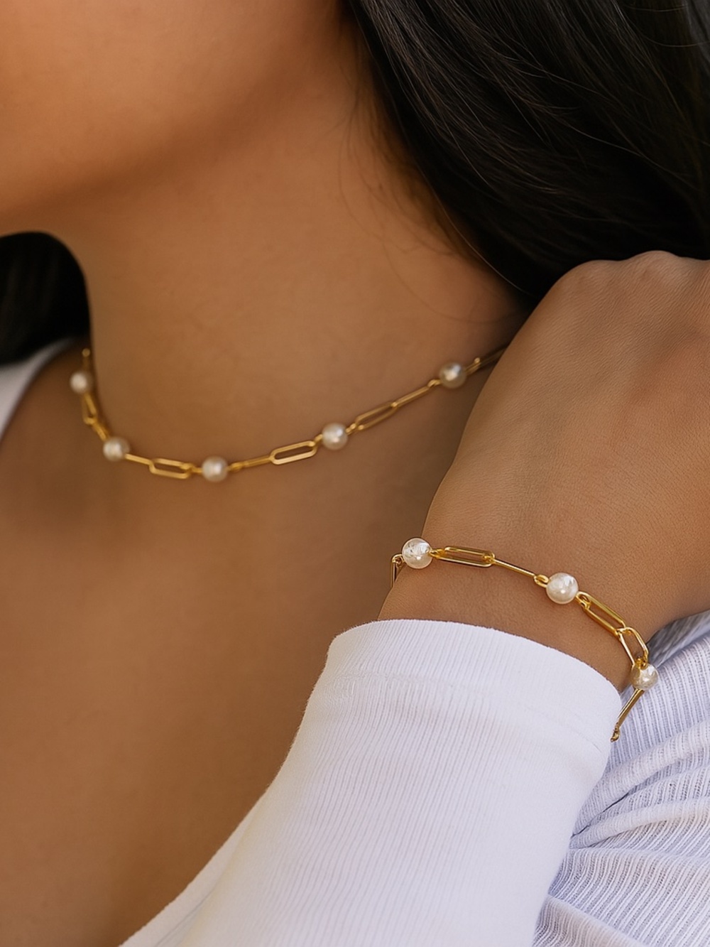 NWOT Paperclip chain and pearl Necklace, 18k gold plated & Stainless steel